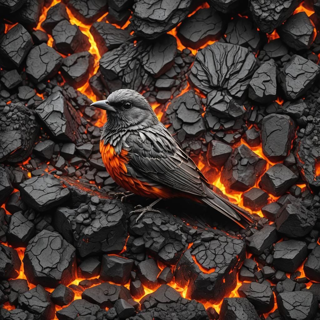 Bird into magma intricate details, HDR, beautifully shot, hy...