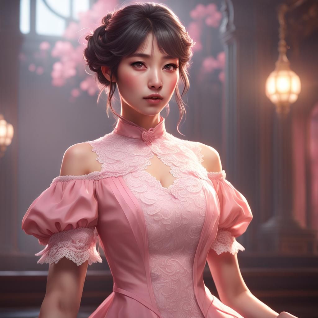 Lee Hyein Portrait in Pink Lace Dress, Detailed Art