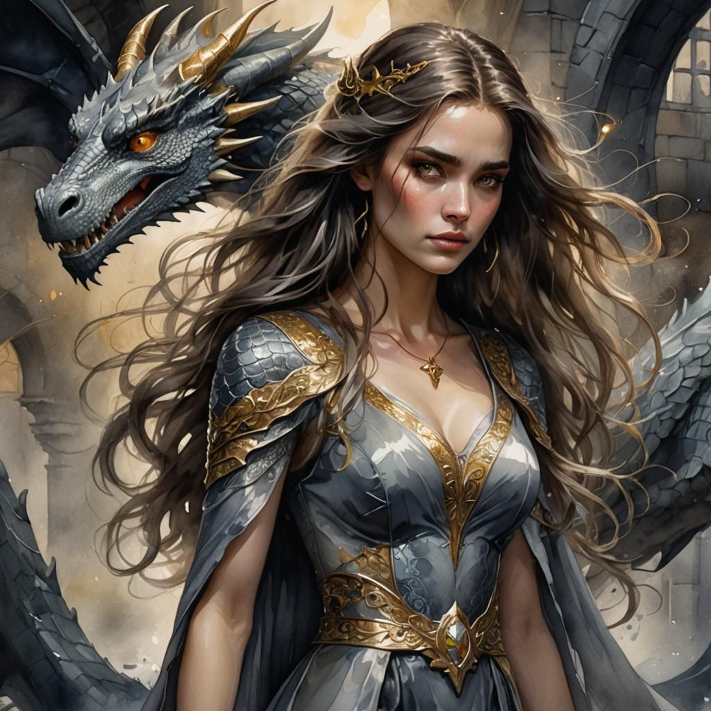 Watercolor Portrait of a Royal Woman with Dragon