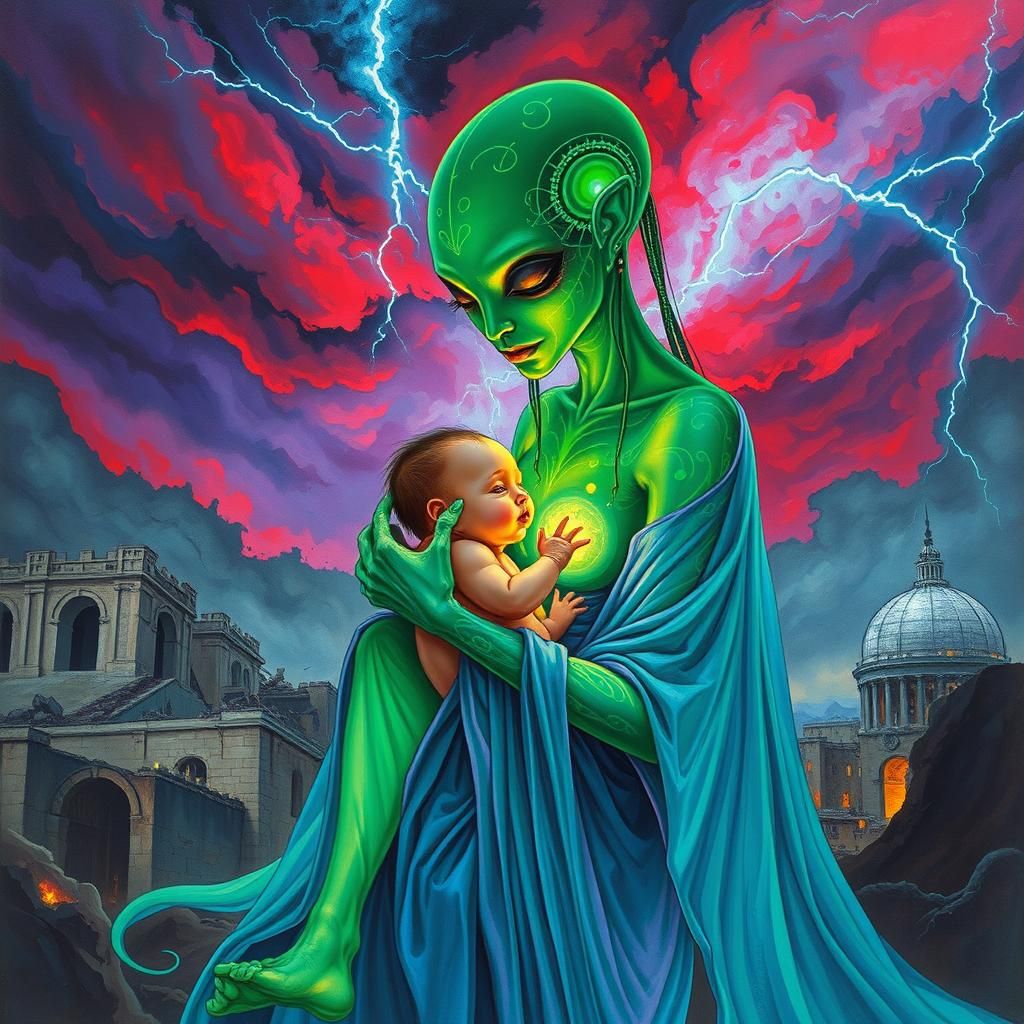 A glowing green elegantly beautiful female alien holds a dripping red human baby in a destroyed city. Vibrant Swirling green energy surround...