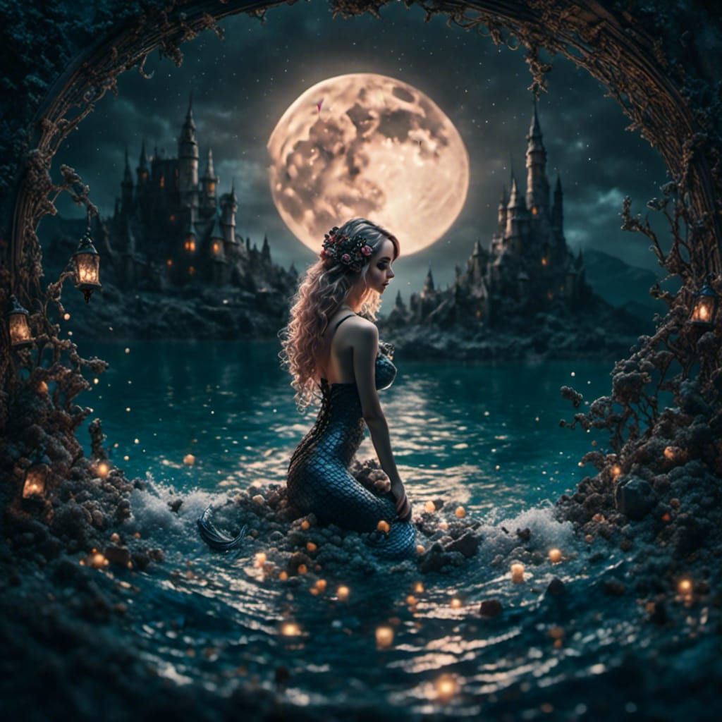 <lora:Boudoir Glamor:1.0> Beautiful gothic mermaid, under full moon, half frame split, sharp focus, Hyperrealistic, 8k, insanely detailed, d...