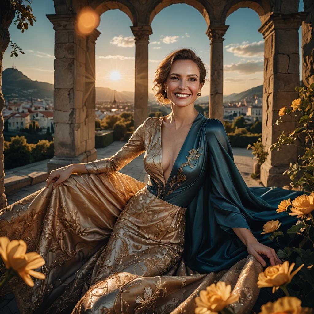 Elegant Woman in Surreal Landscape, Photorealistic Portrait