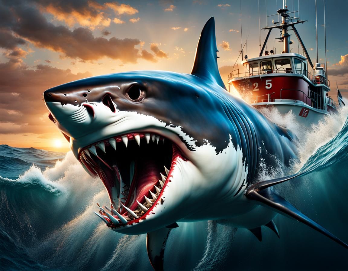 With razor sharp teeth the great white shark flees the trawler pursuing ...