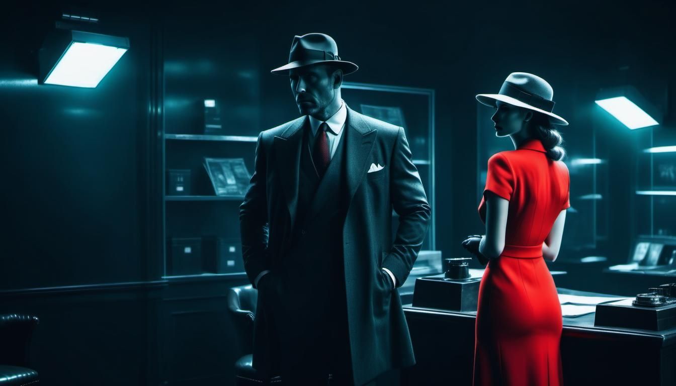 Private detective office. Man in suit and hat. Girl in red d...