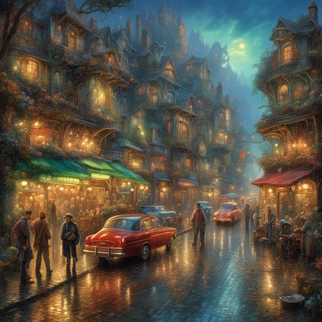 Nighttime Cityscape in Lora Green Bamboo style