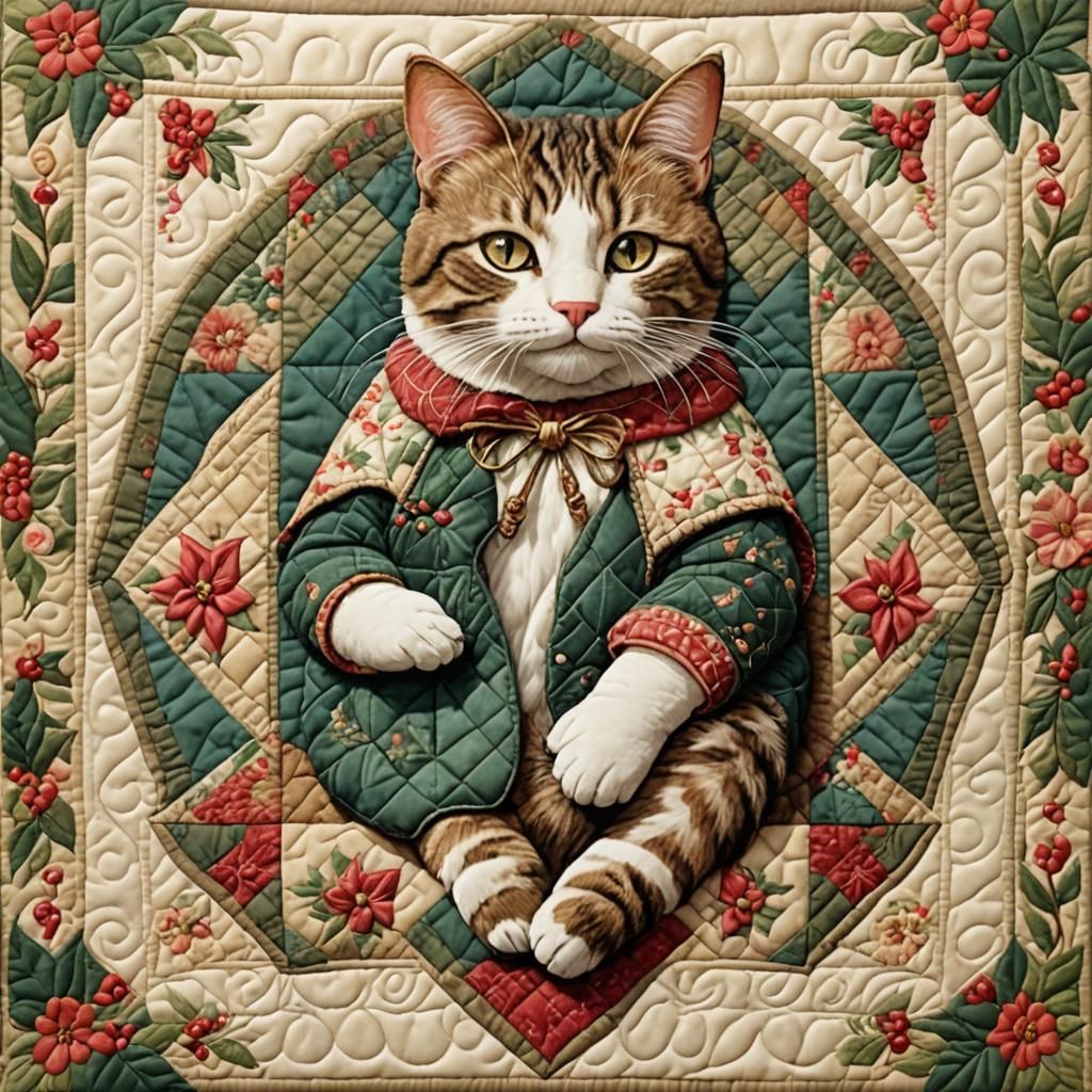 Intricate old quilt spready across a fourposter bead, a quilted mommy cat holding a quilted baby cat ...  by @Urna Semper