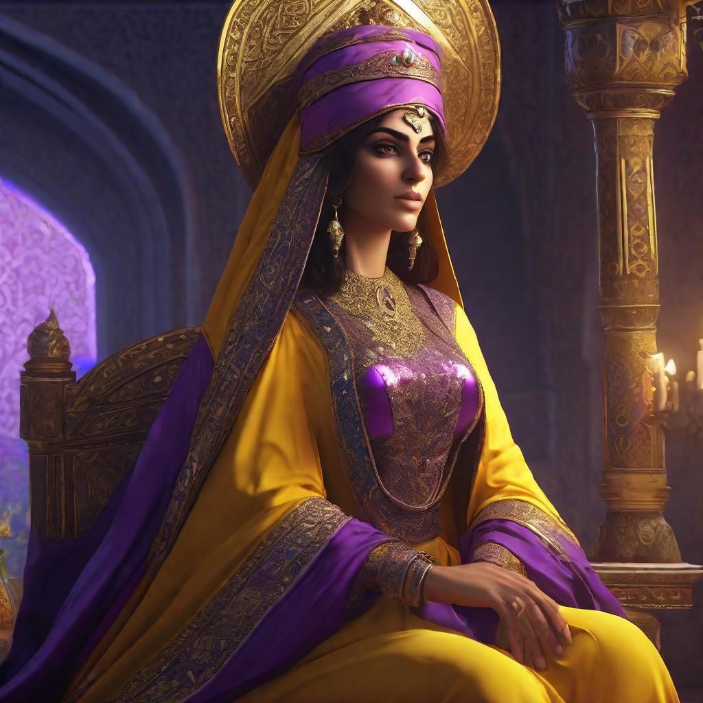 Sherazade telling the story of the Arabian nights to the monarch Shahryar,  classic Arabian art, detailed faces, no artifacts, sharp,very beautiful,  digital art, render, unreal engine, realistic eyes : r/dalle2