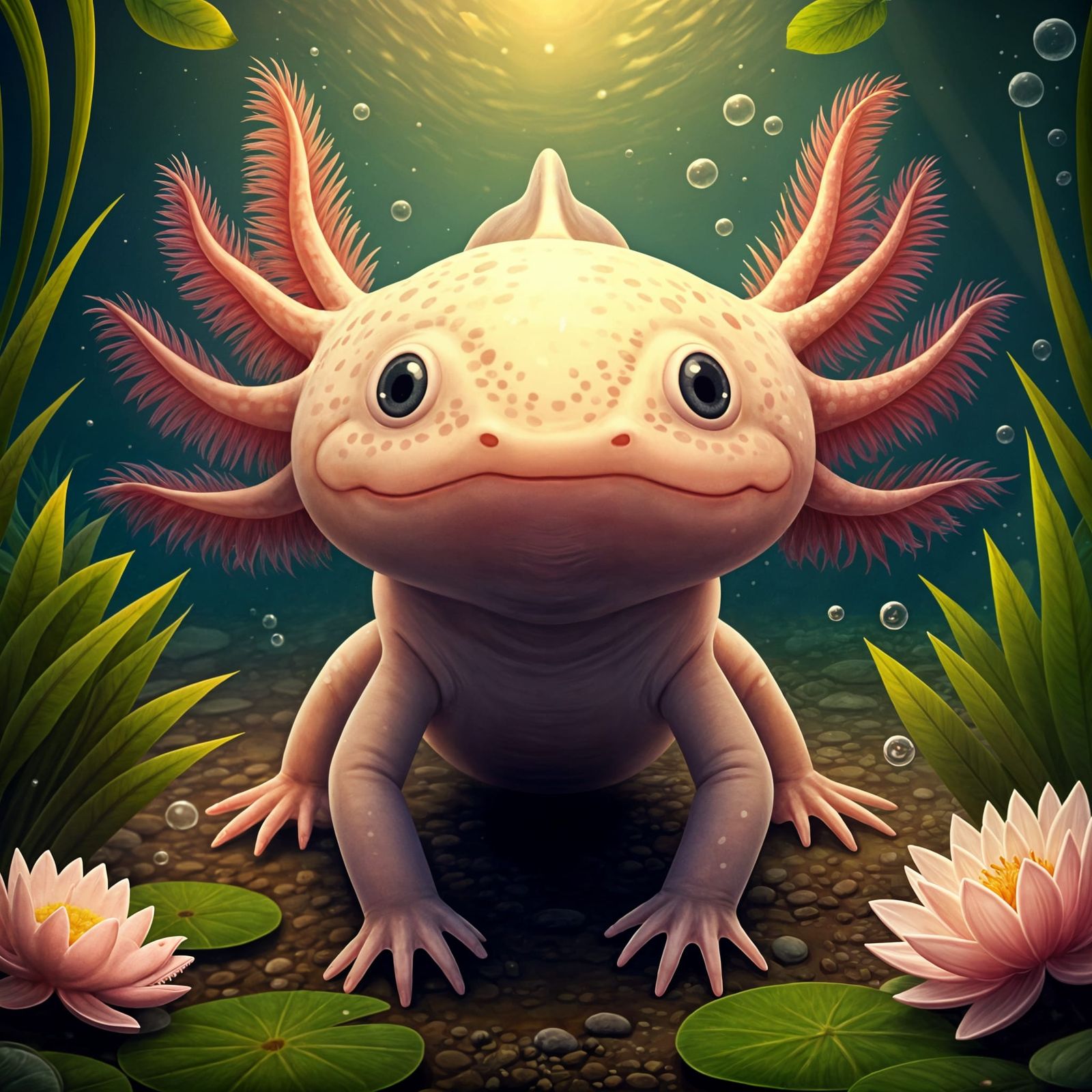 A cute axolotl smiling for a photo.  by @Mumbai AI