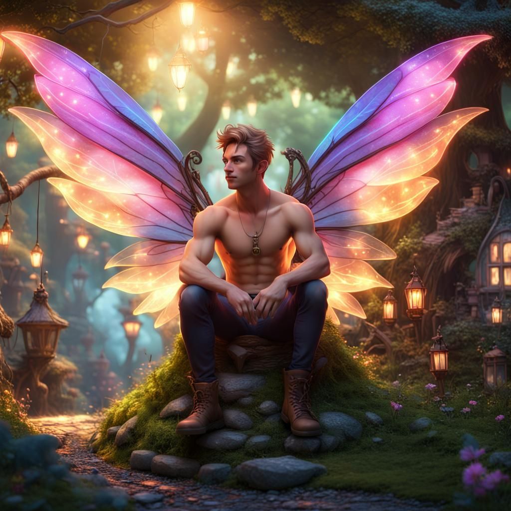 cute gay male fairy with magical wing in a fairy village, village full