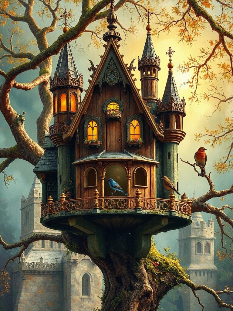 Fantasy illustration. Close up. An ornate birdhouse in the shape of a medieval castle attached to a ...  by @Nageswara