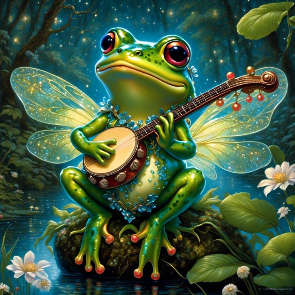 Banjo Playing Fairy Frog <lora:Fairy Animals:1.0> 