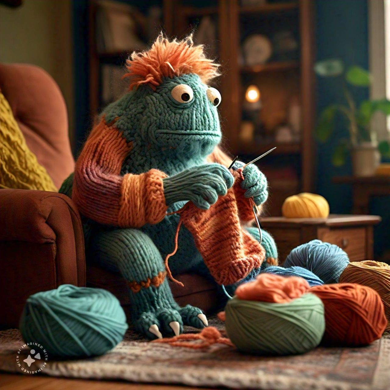 Yarn monster knitting a sweater (Facebook "Imagine with AI")