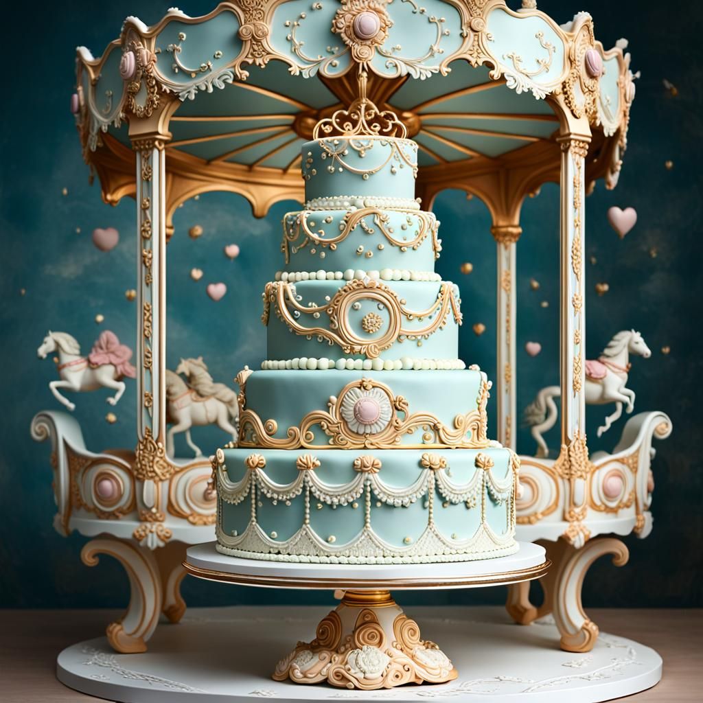 5-tiered wedding cake with a carousel on top