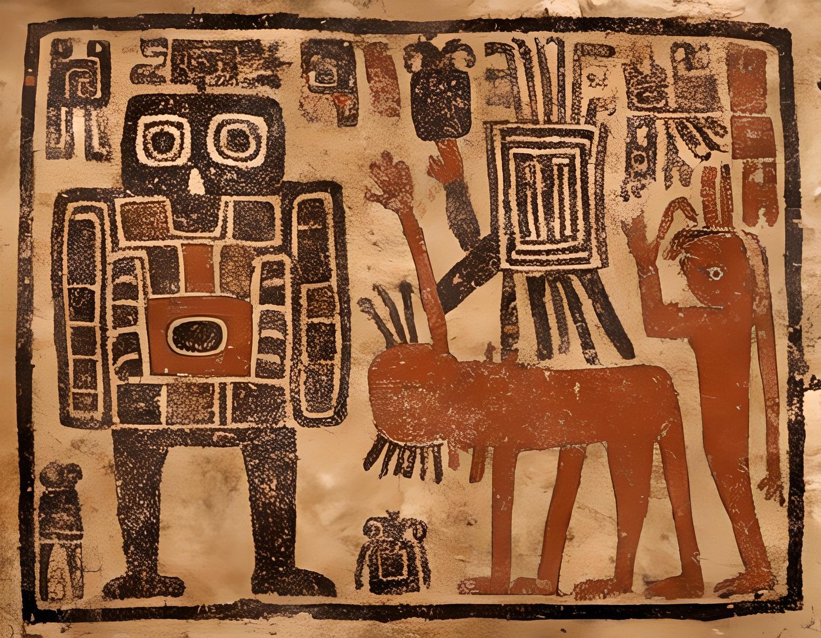 <lora:Tiwanaku:1.0> In Lora Tiwanaku style of pottery painting, a spider drops itself in mid air and tries to arouse a beautiful lying woman...