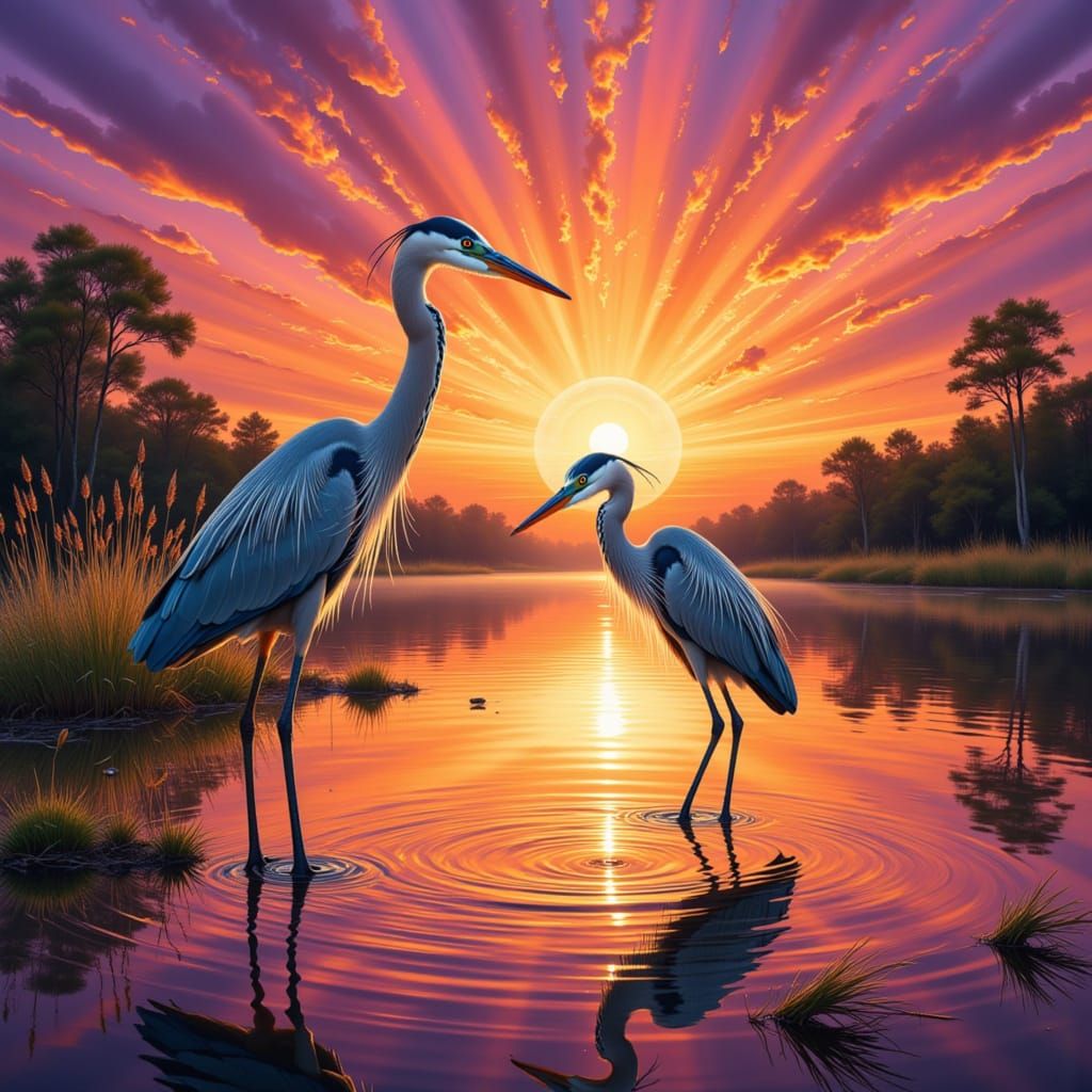<lora:Heron:1.0>vibrant sunset pond endangered heron tim flach style