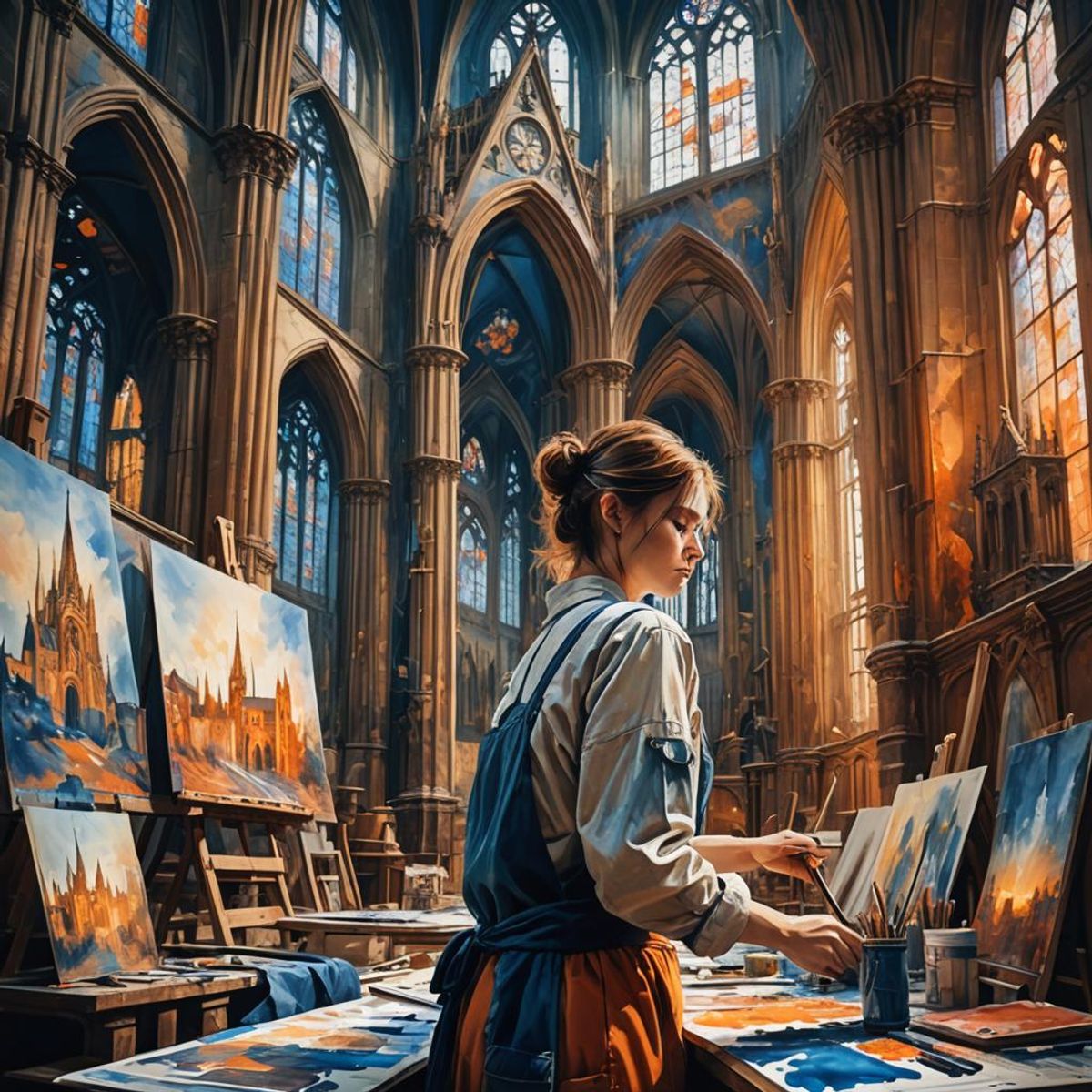 Female painter in large cathedral on canvas,background