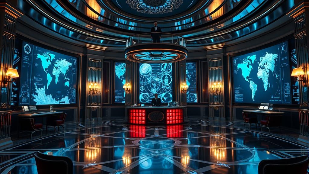 An opulent Art Deco ballroom, secretly serving as a supervillain's command center. Gleaming chrome surfaces ...  by @Kelli Benjamin-Limae Creations