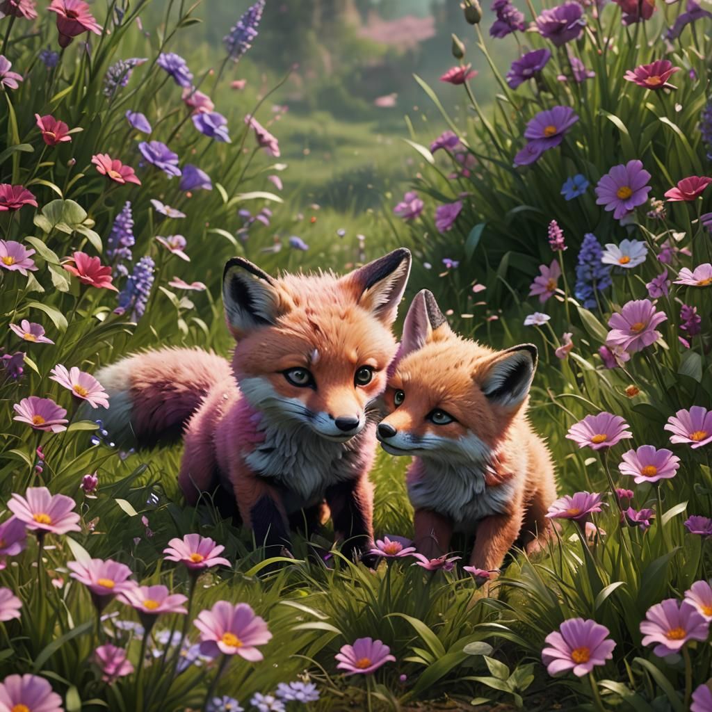 a pink fox cub and a purple fox cub playing in a green meado...