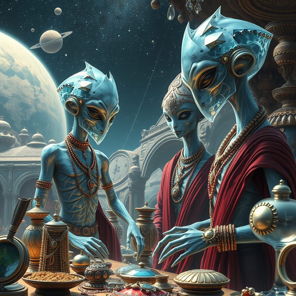 "We'll take it ALL! From whence cometh these exquisite treasures?" ... "An odd little planet that calls itself 'Dirt' "  by @Snooty Art Snob