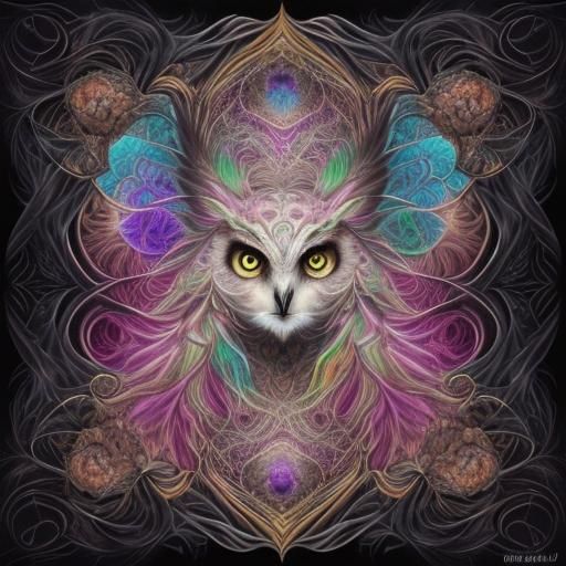 Detailed Owl Portrait with Cat Eyes in Abstract Style