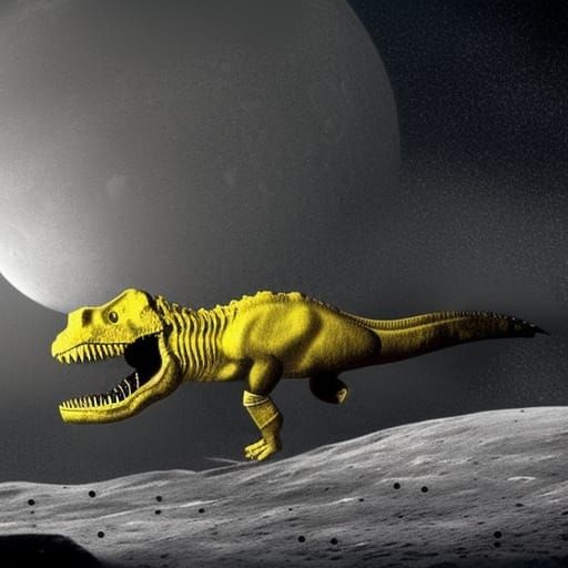black white and yellow, t rex on the moon