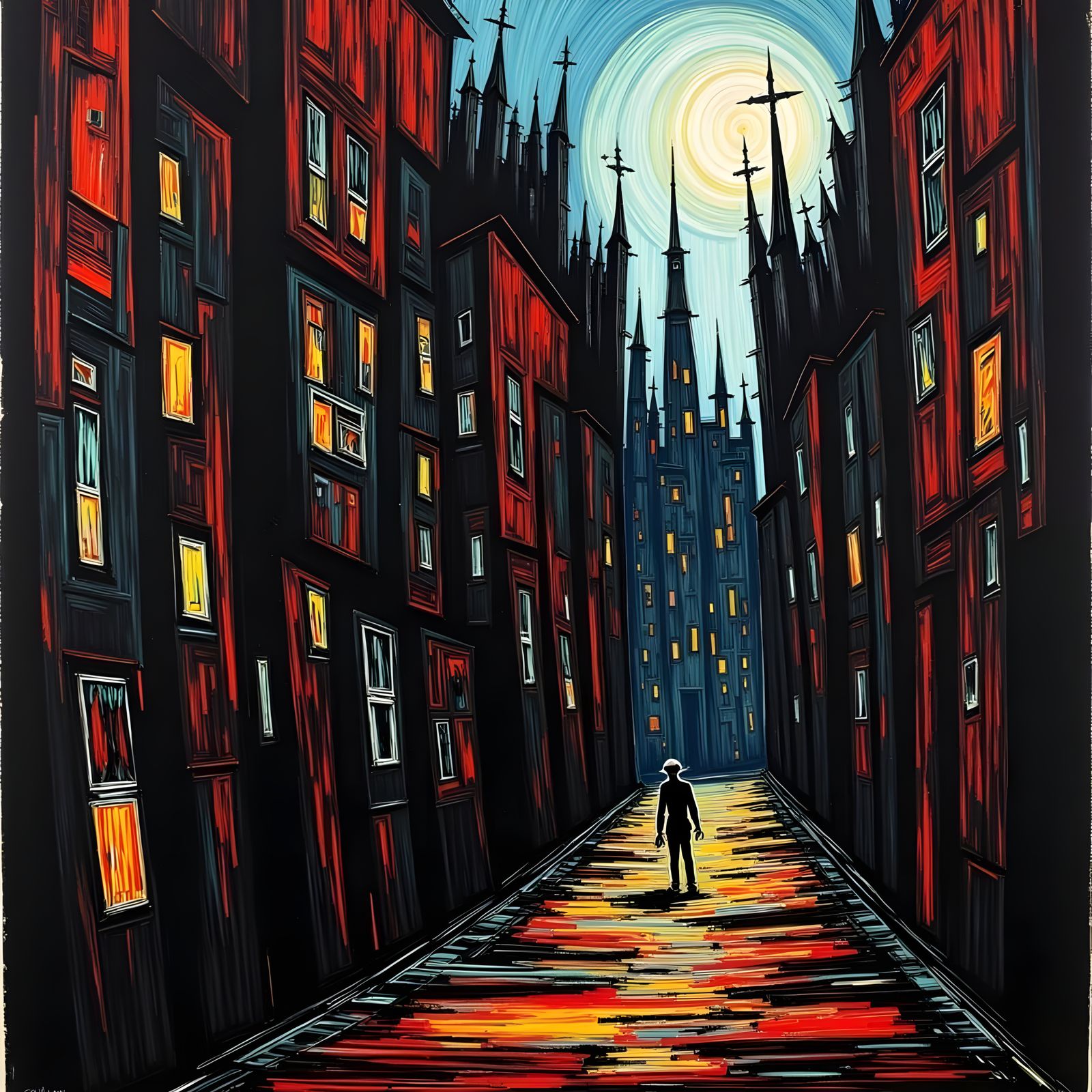 <lora:German Expressionism:1.0> A stark cityscape rendered in the German Expressionism style. Angular buildings with distorted perspectives ...