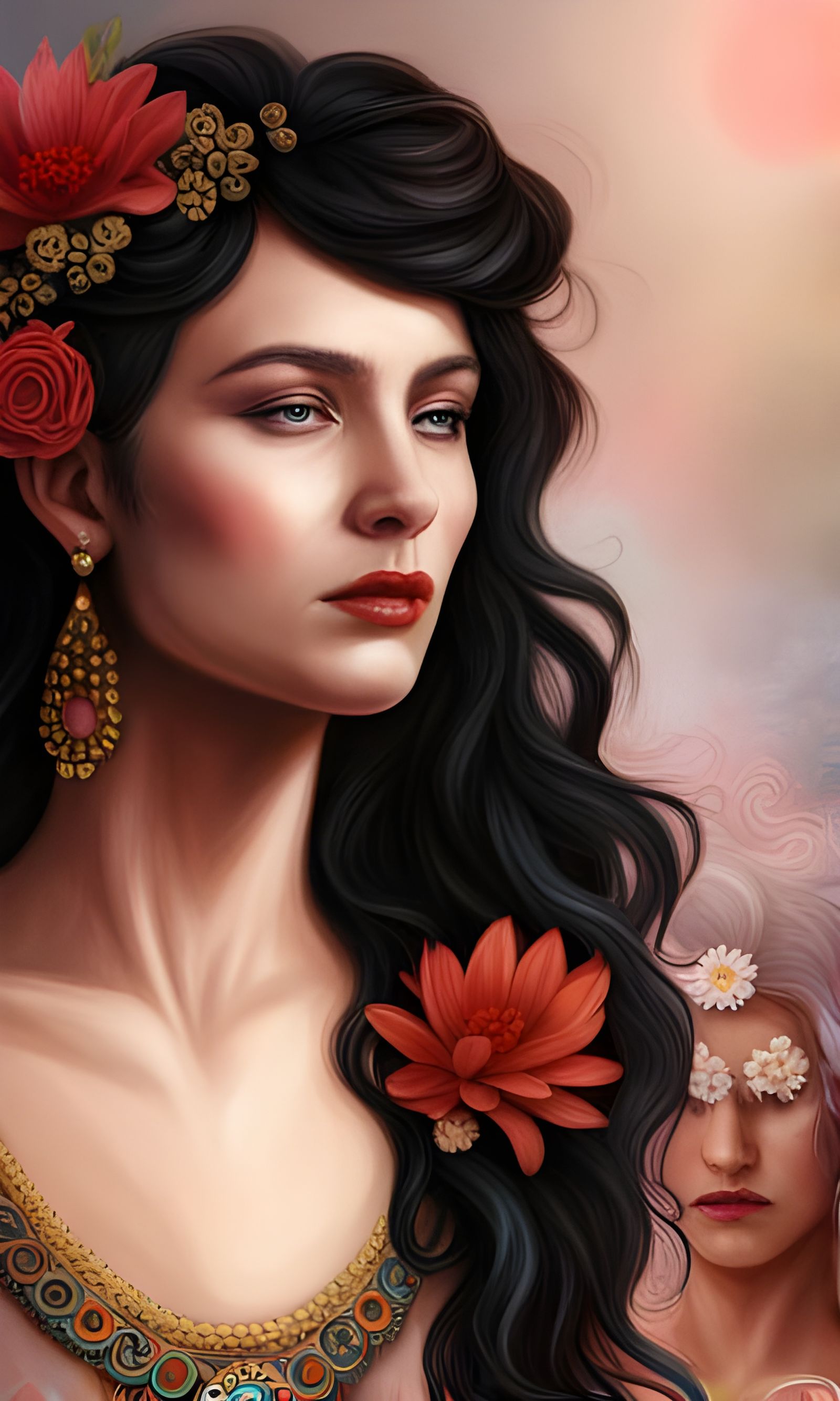 Portrait Of 70S Hippie Woman Splash Of Inca red and butter P...