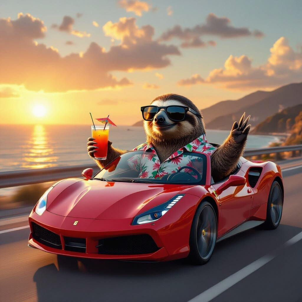 A sloth drives a Ferrari while wearing sunglasses and drinking a cocktail