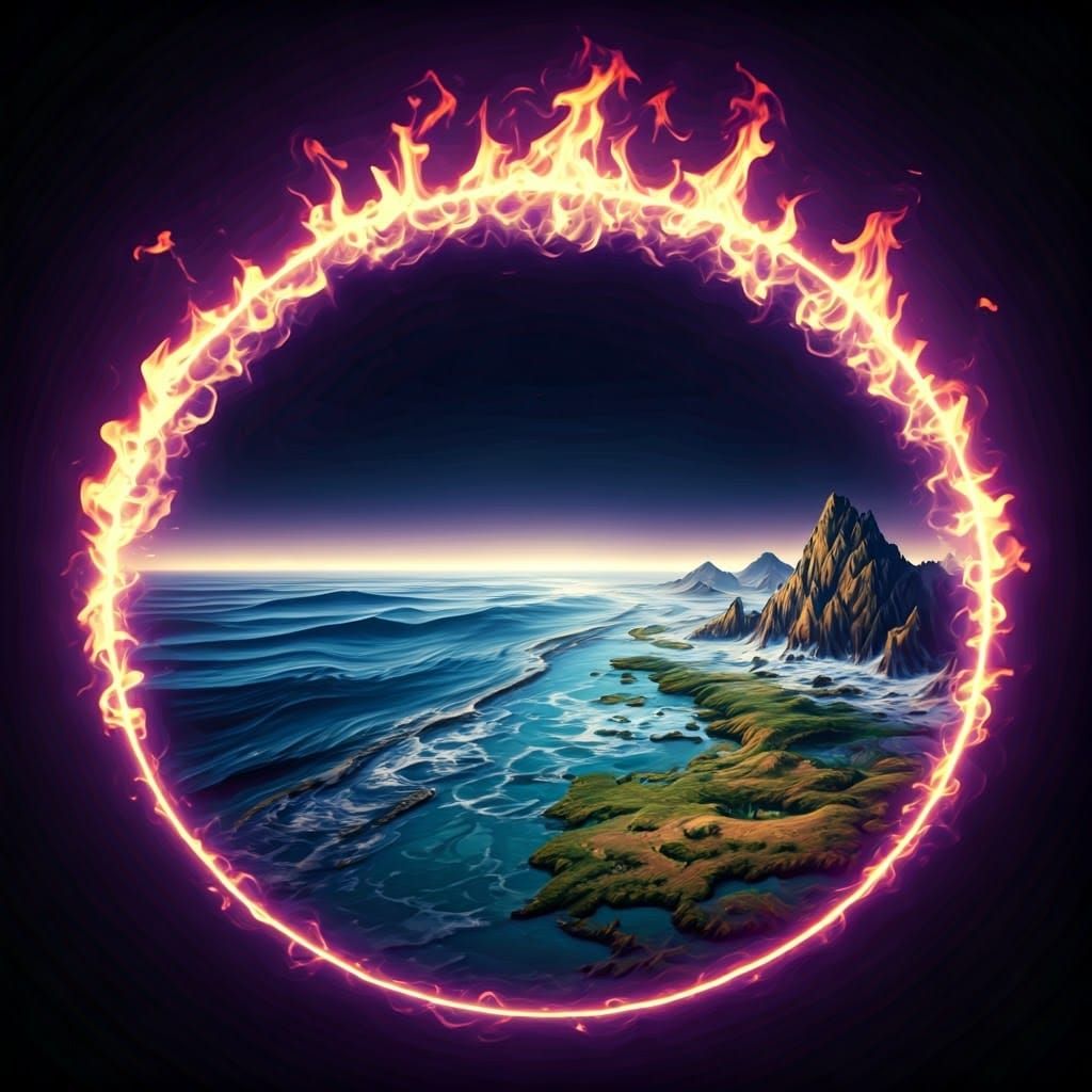 A circle of fire,water,wind,earth and purple plasma