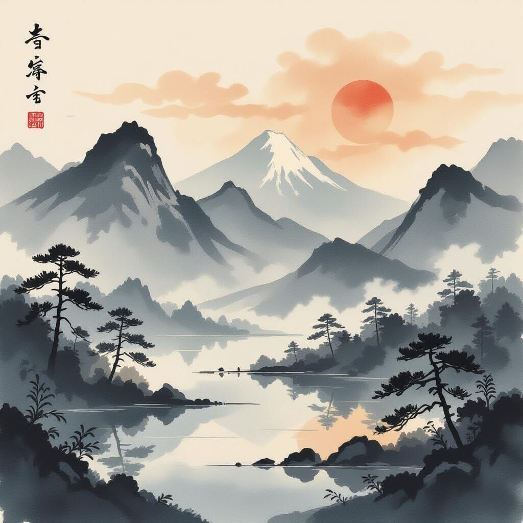 Sumi-e Landscape with Mountains and Water