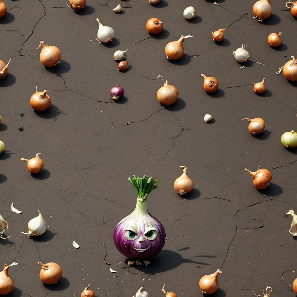 Anthropomorphism of a whole onion sitting on the floor cryin...