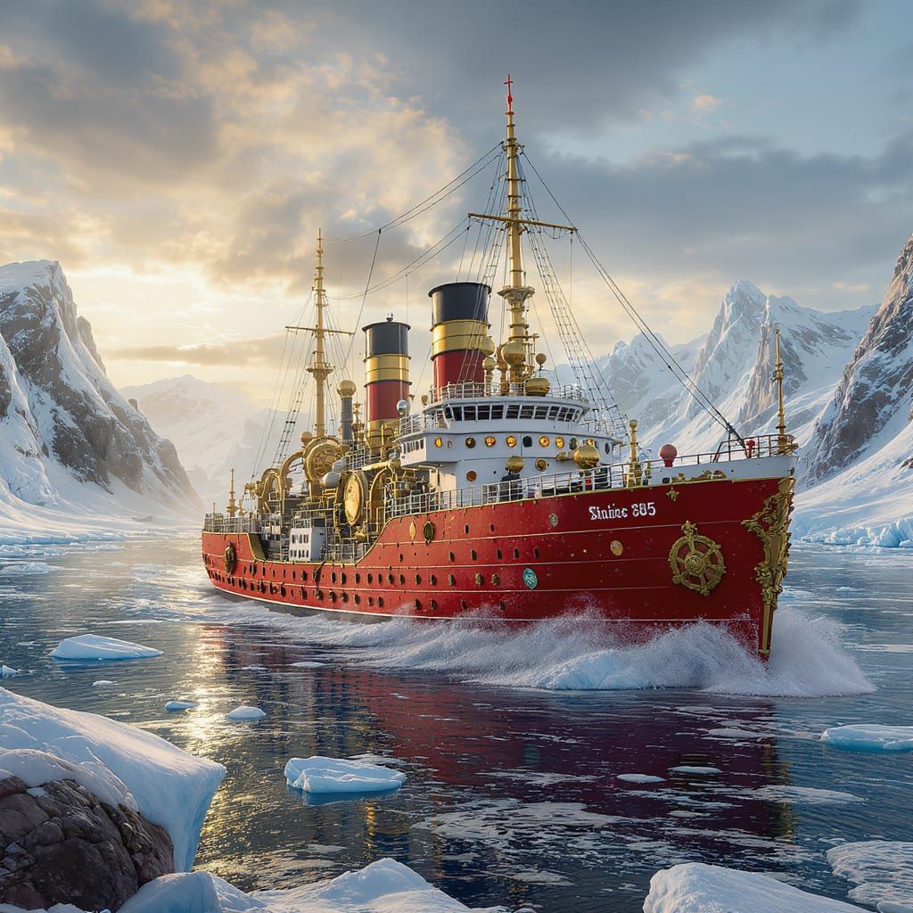 photorealistic 1920s red-hulled icebreaker ship  by @AJ