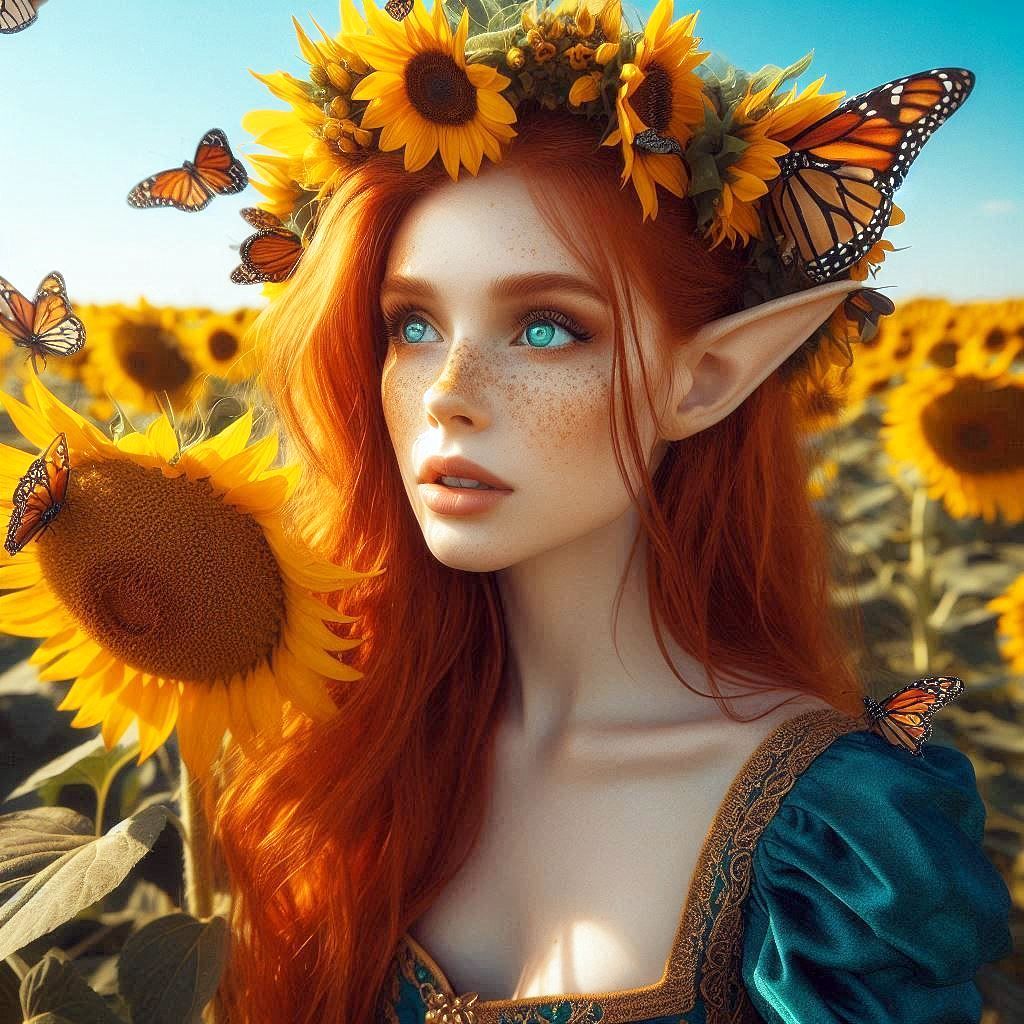 Elven Maiden in Sunflowers