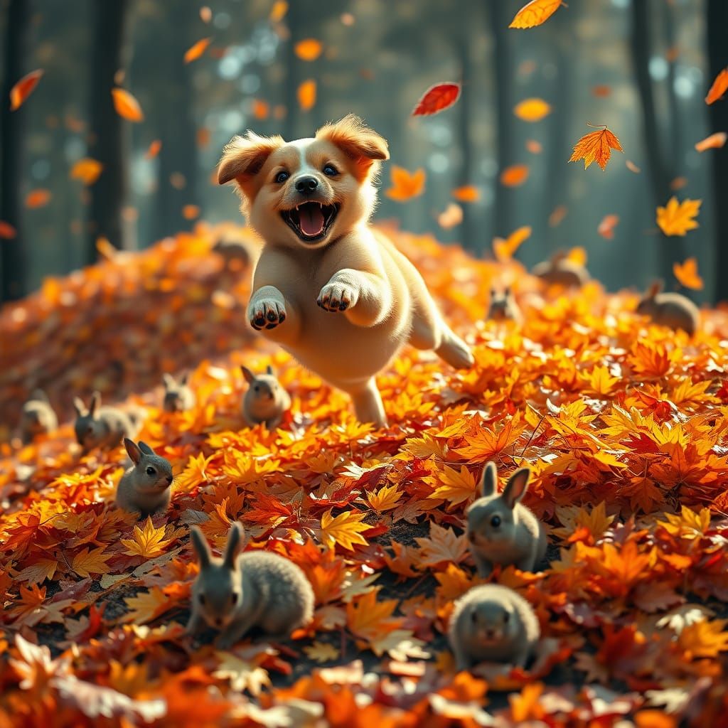 A puppy leaping into a mountain of orange leaves
Squirrels chasing each other through falling golden ...  by @Baptist