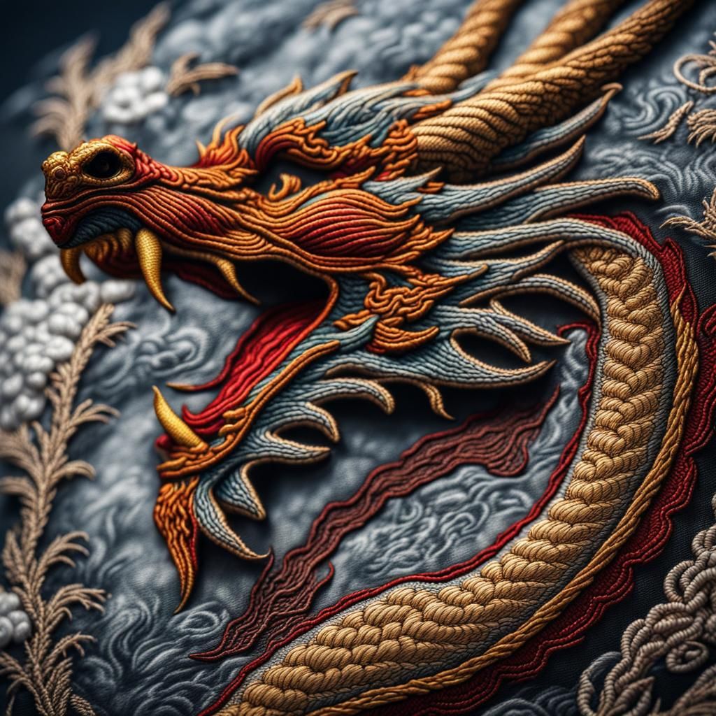 Embroidered dragon intricate details, HDR, beautifully shot, hyperrealistic, sharp focus, 64 megapixels, ...  by @Violent Copernicus 