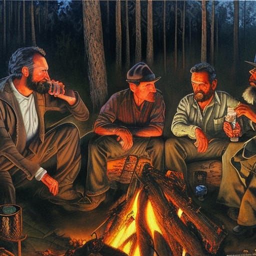 Degenerate hobos drinking rotgut by a camp fire oil painting by James ...