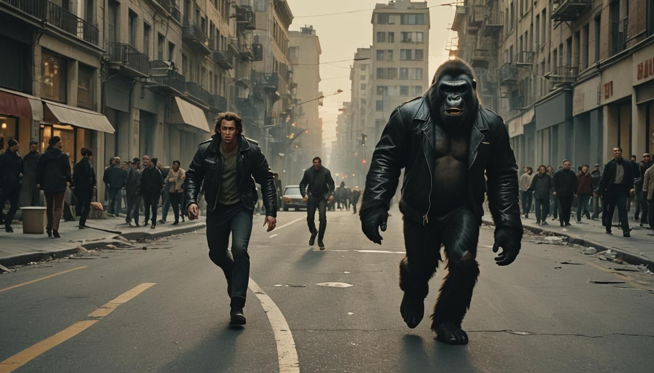 A giant gorilla wearing a leather jacket, rampaging through ...
