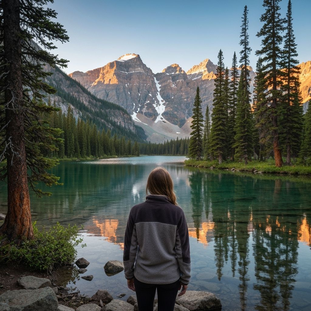 Serene Woman at Lake Reflecting Sunrise