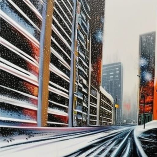 a city scene in the snow