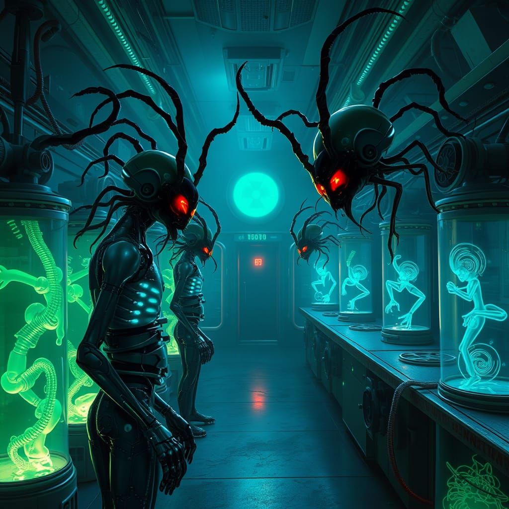 Digital humanoid beings are engaged while an army of robotic fly creatures build an evil army..