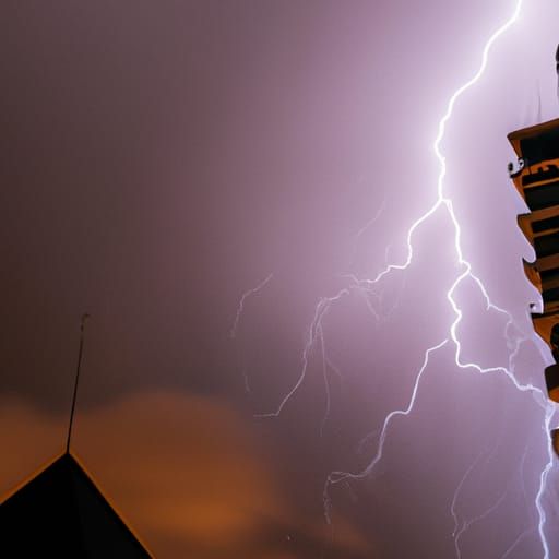 Lightning striking a building in the middle of the night