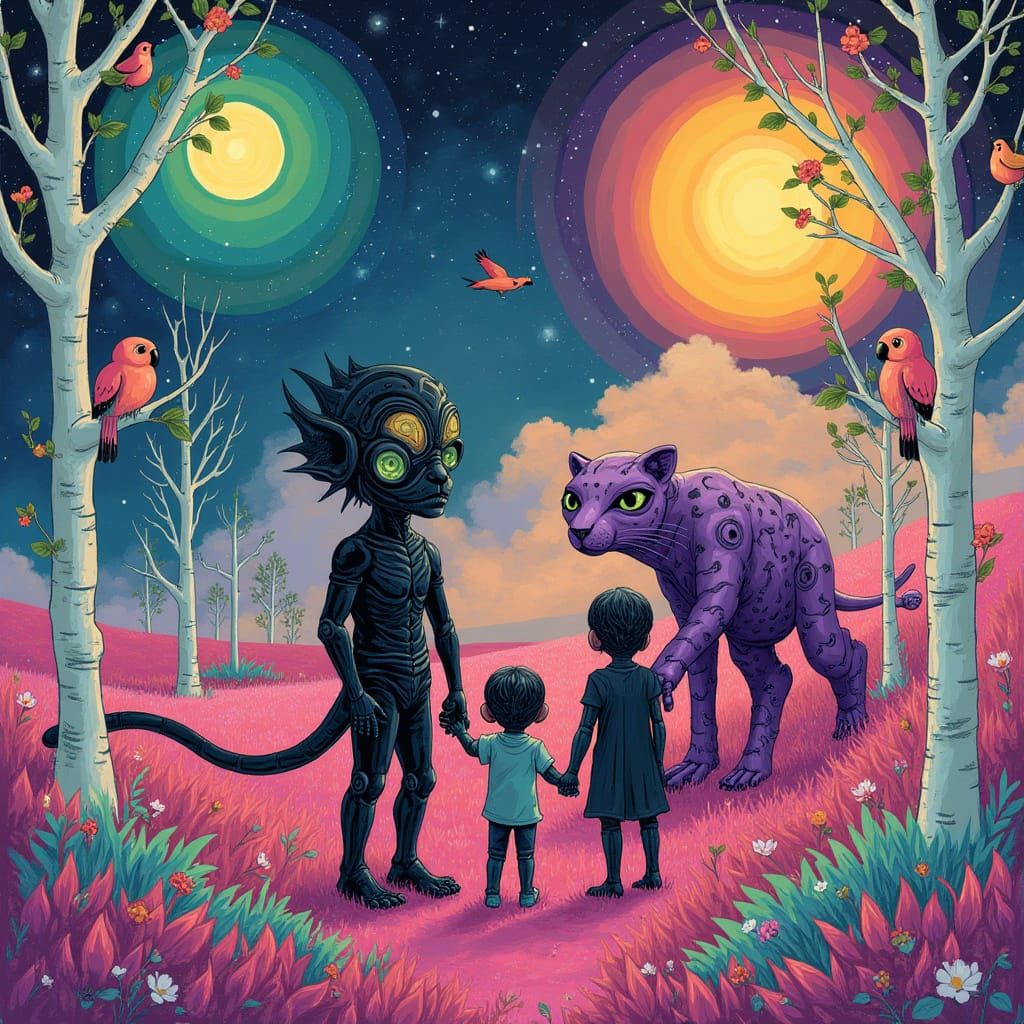 A multicolored universe with melting skies and machine elves with eyes that are swirling it has a purple mechanical jaguar with black rosett...