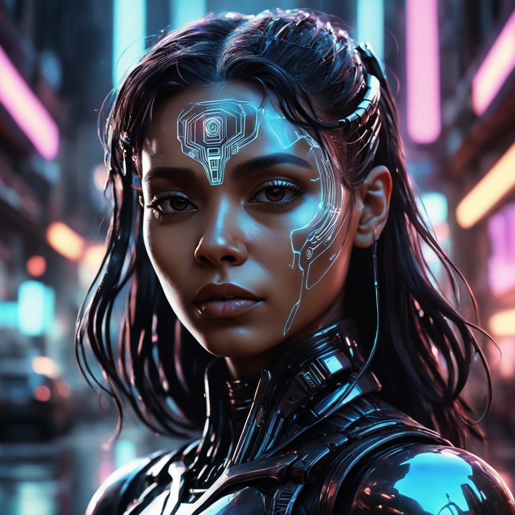 Cyberpunk Goddess with Iridescent Aura in Hyper-Realistic 3D