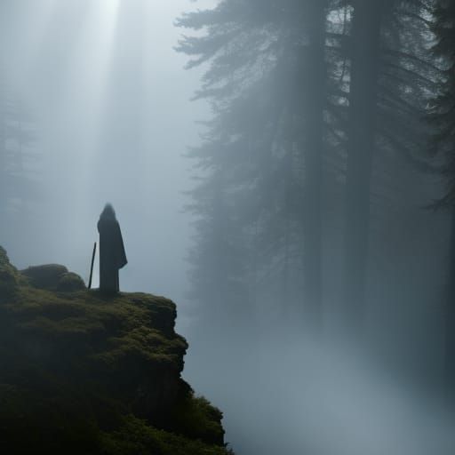Foggy forest, smoke, witch figure, sun rays through smoke  by @undefined