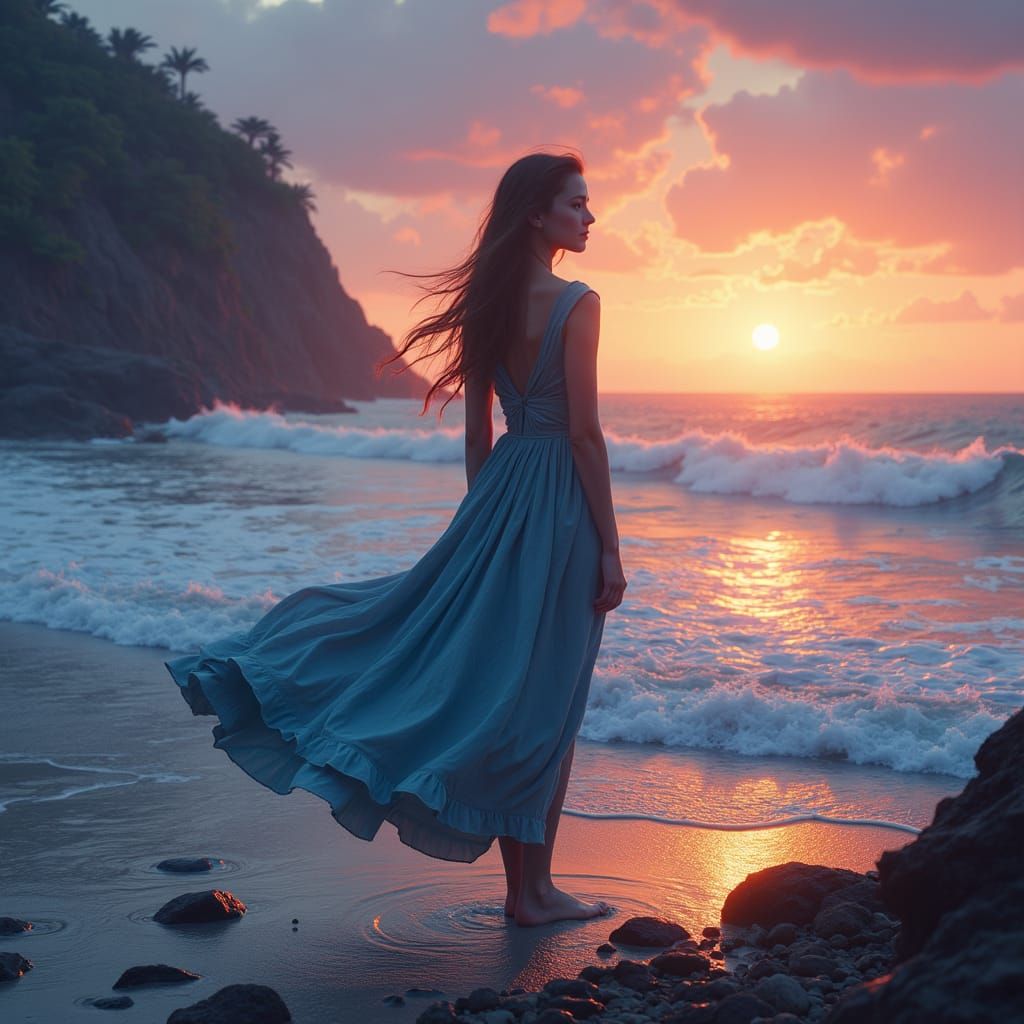 Ocean Dress Woman at Sunset: Digital Matte Painting