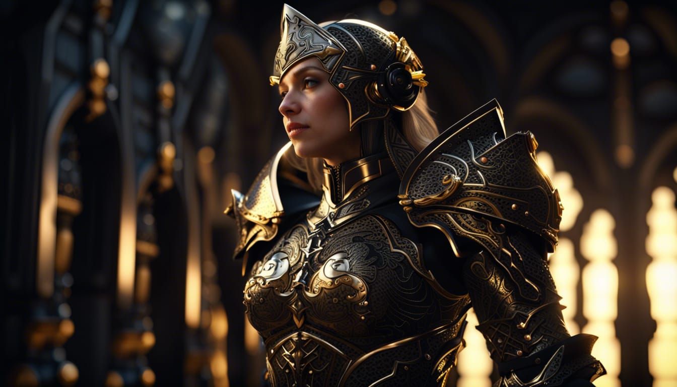beautiful future female knight.black armor, golden armor - AI Generated ...