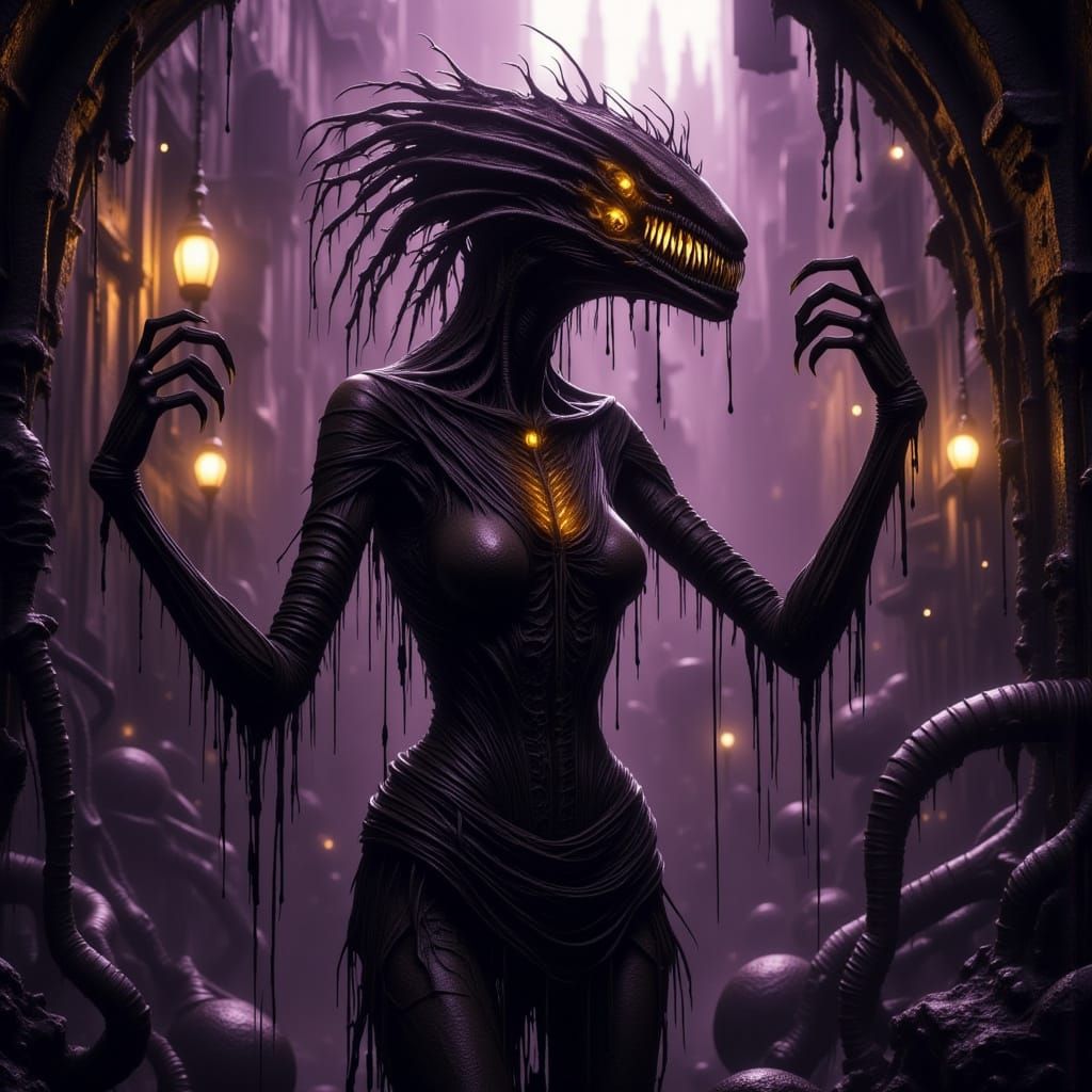 Alien Biopunk Creature in Dark Fantasy Gothic Horror Scene
