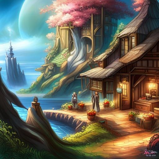 A video game fantasy world Hyperrealistic, splash art, conce...
