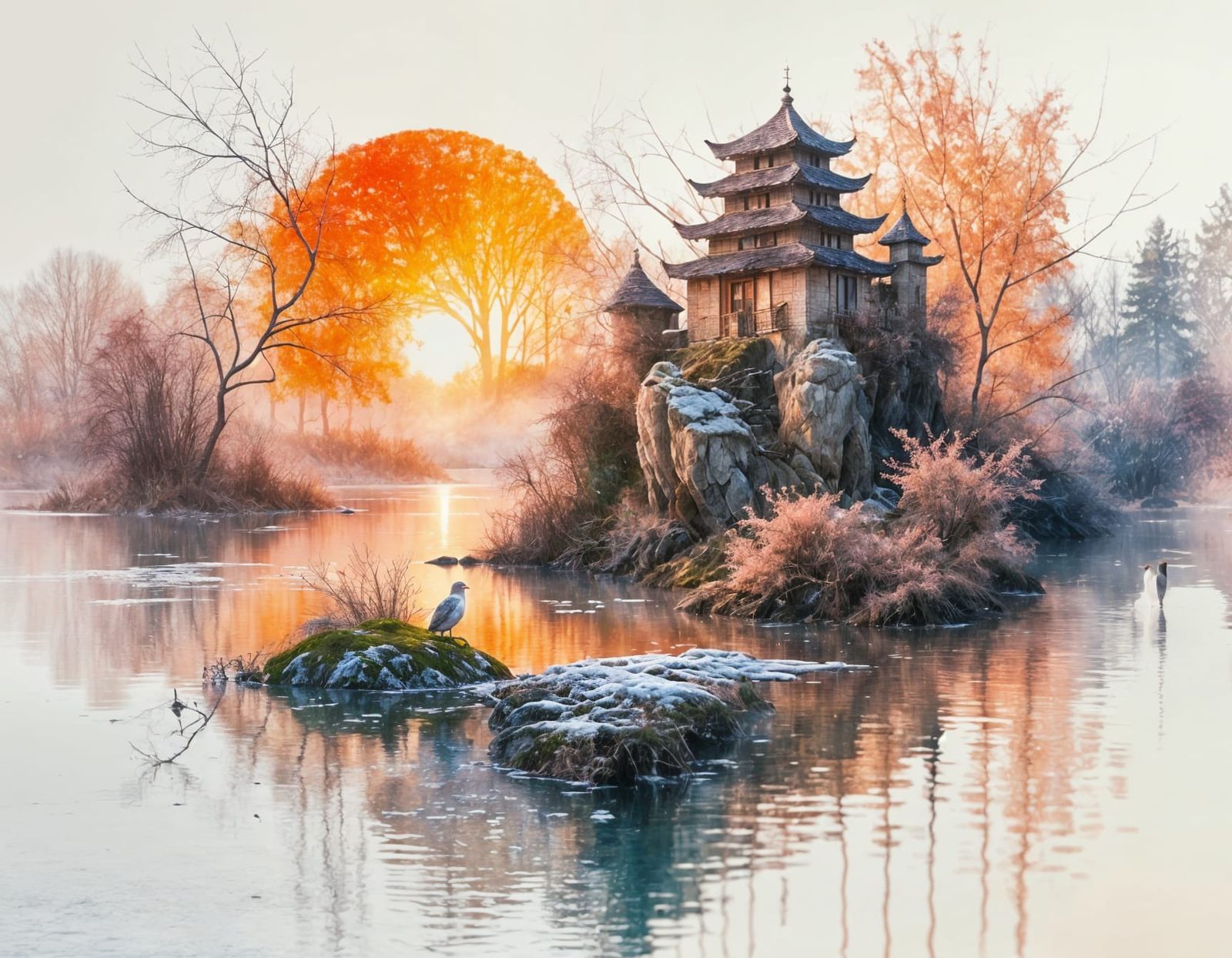 Enchanting Bird on Snowy Branch Above Frozen Lake