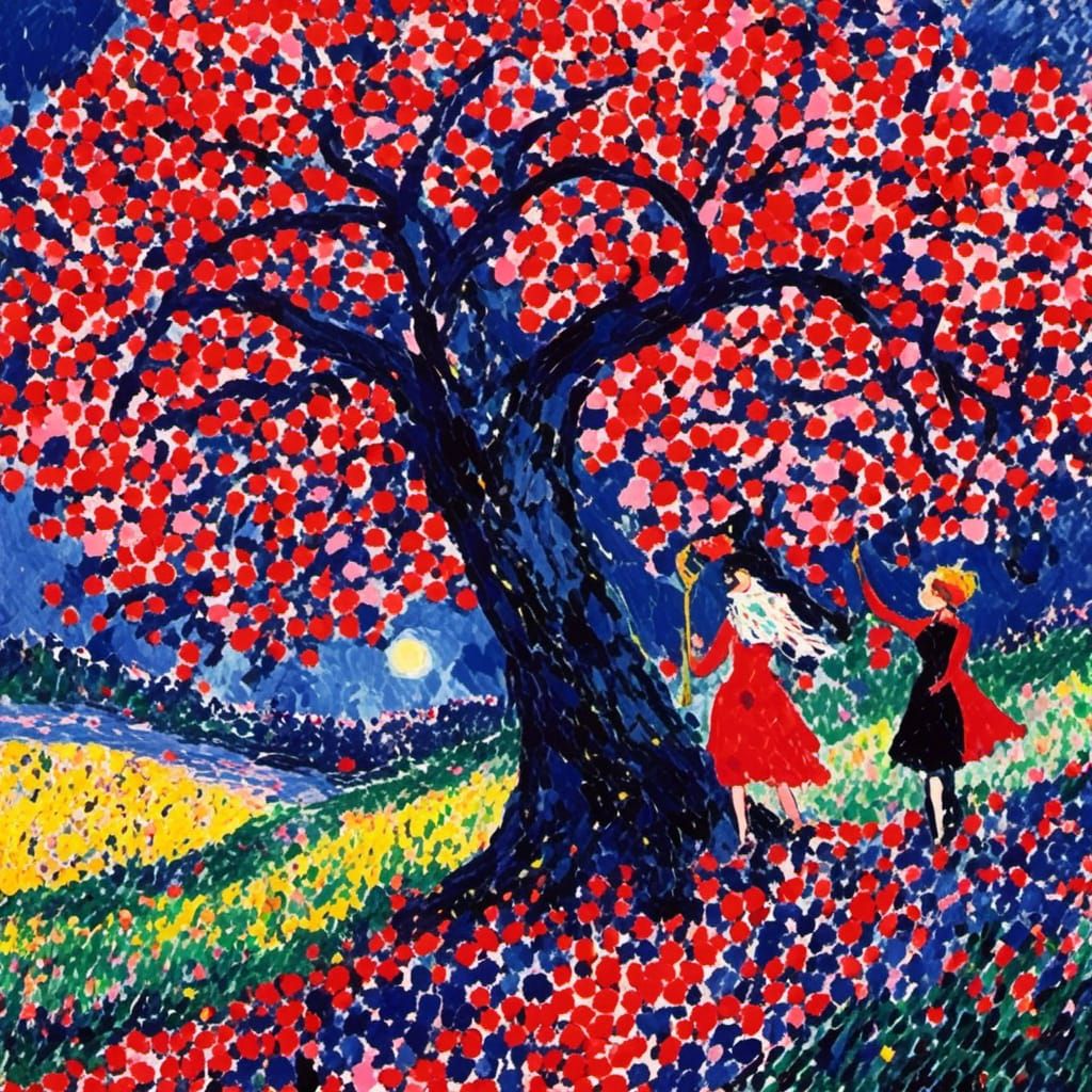 <lora:PointillismXL:1.0> Spooky valentine fairies, a woman standing and walking along the side of the tree and moon, in the style of nightma...